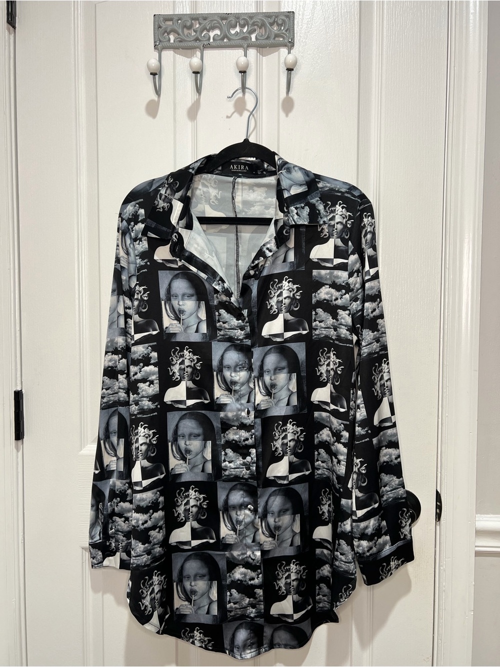 AKIRA Black & White Graphic Panel Button-Up Shirt
